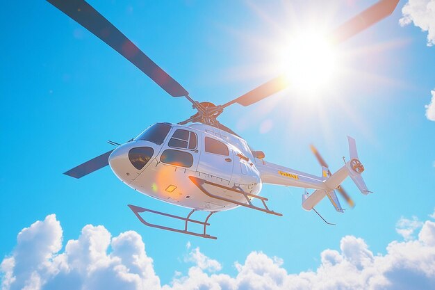 Photo a helicopter flying in the sky with the sun shining on the top