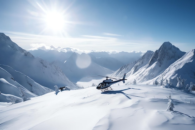 a helicopter flying over a snowy mountain