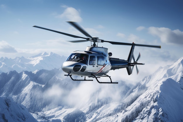 Photo a helicopter flying over snowy mountains