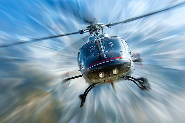 Photo a helicopter flying through a blue sky with a blue background