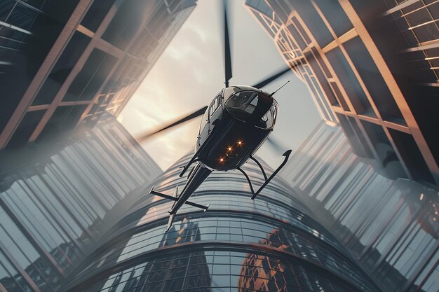 a helicopter flying through a building with the lights on