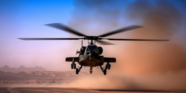 Helicopter from the military landing in a combat zone in the desert Concept Military Helicopter Combat Zone Desert Landing