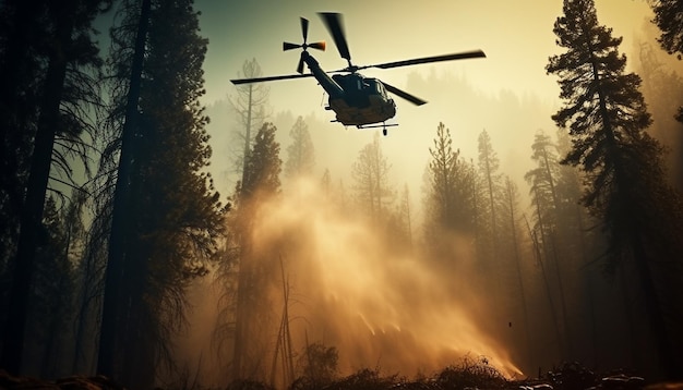 Helicopter hovering mid air transporting firefighters to forest fire generated by AI