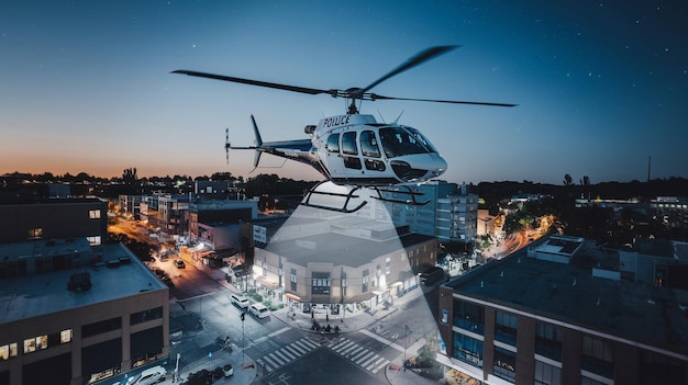 Photo a helicopter is flying over a city at night