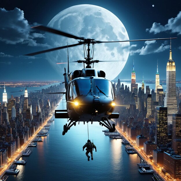 a helicopter is flying over a city with the moon in the background