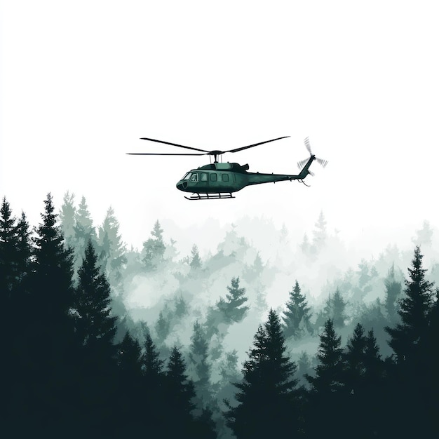 Photo a helicopter is flying over a forest with pine trees