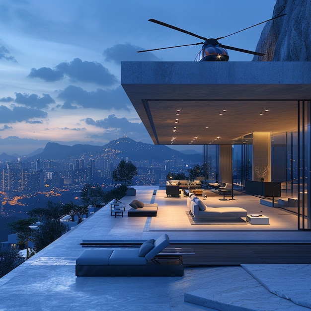 a helicopter is flying over a house with a view of the city