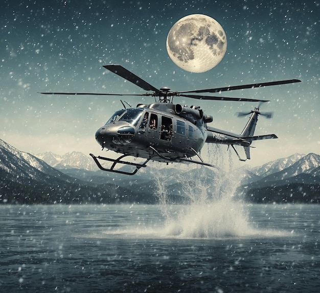 a helicopter is flying over a lake with the moon in the background