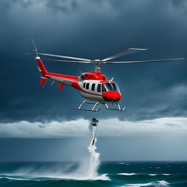 a helicopter is flying over the ocean with a water drop