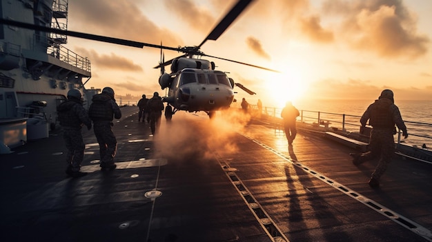 a helicopter is landing on the flight deck of the ship