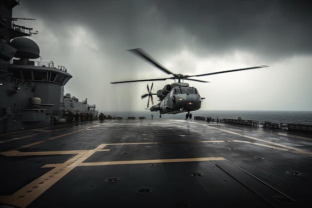 Helicopter landing on aircraft carrier in stormy weather created with generative ai