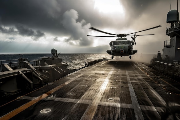 Helicopter landing on aircraft carrier in stormy weather created with generative ai