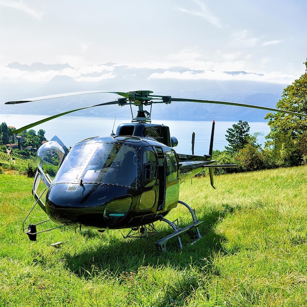 Helicopter in Lavaux, Lavaux-Oron district of Switzerland. Geneva Lake on the background