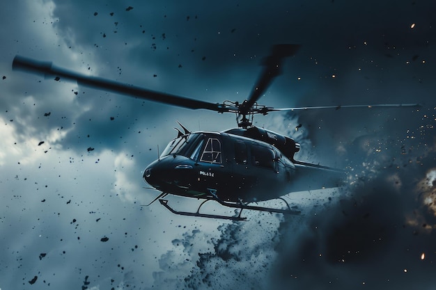 Photo a helicopter navigating through an explosive cloud of smoke and debris in a dramatic actionpacked setting