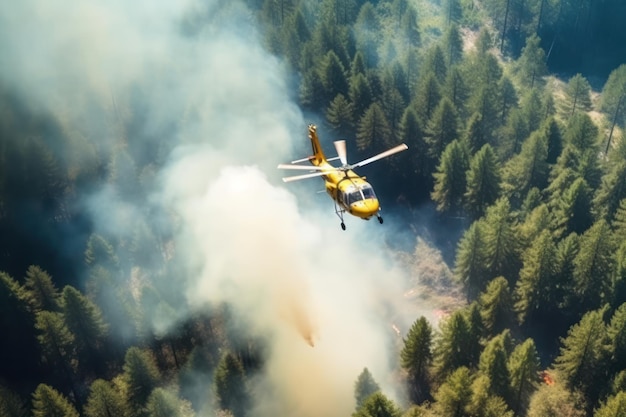 Helicopter operating to extinguish burning forest wildfire caused by extreme hot weather heatwave