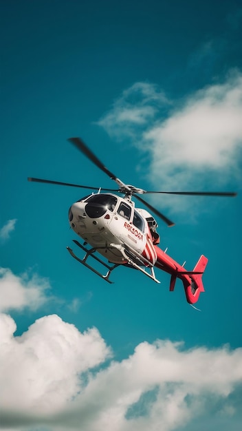 Photo helicopter rescue helicopter flying on sky white red fly helicopter on blue sky with clouds good