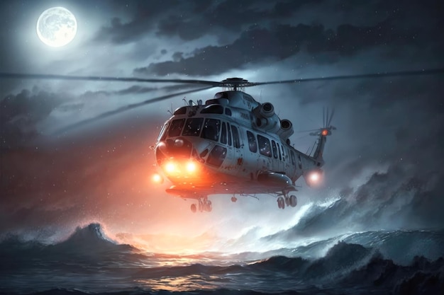 Helicopter at rescue mission at night searching for survivors in stormy sea AI generative