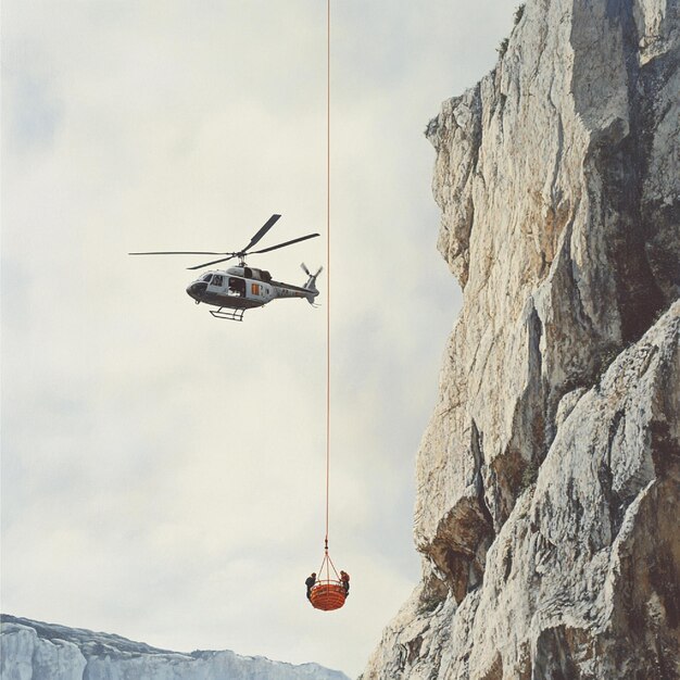 Photo a helicopter rescuing a stranded climber from a cliff face with the rescue basket being lowered down