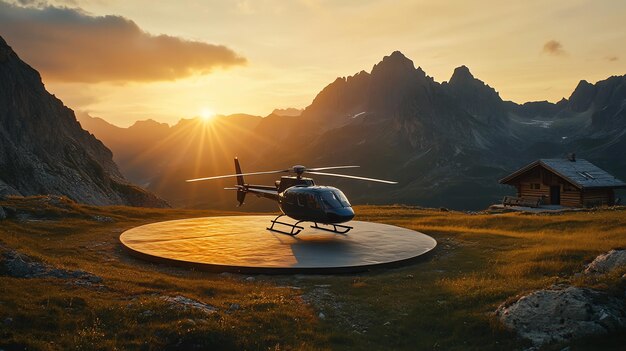 Photo a helicopter sits on a helipad on top of a mountain at sunset with a small cabin to the right