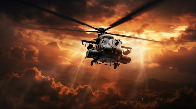 a helicopter in the sky with the sun behind it