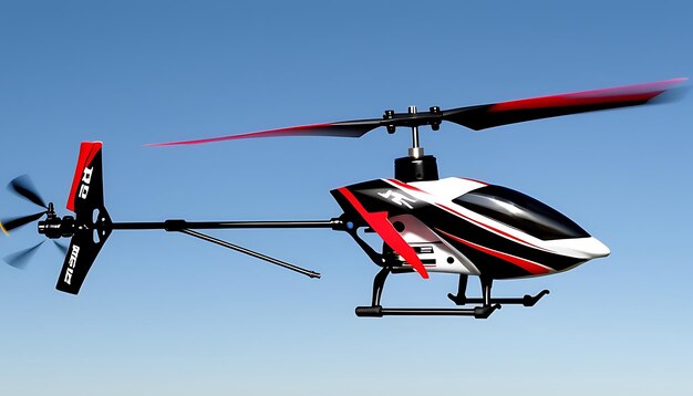 Photo a helicopter with a red and black stripes is flying in the sky