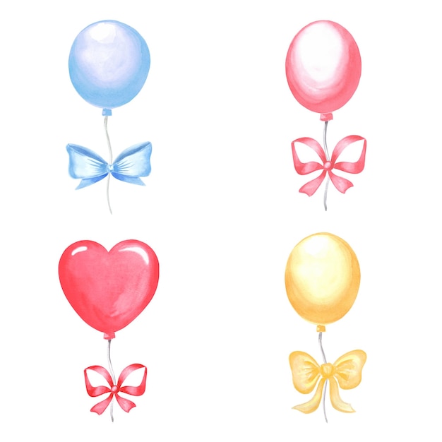 Helium balloons with bows and ribbons happy birthday clipart collection hand drawn watercolor