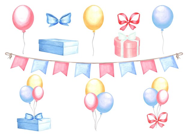 Photo helium balloons with gift boxes bow and flags garlands happy birthday clipart collection hand drawn