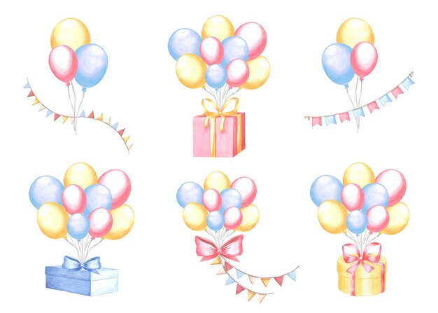 Photo helium balloons with gift boxes bow and pennant garlands happy birthday clipart collection hand