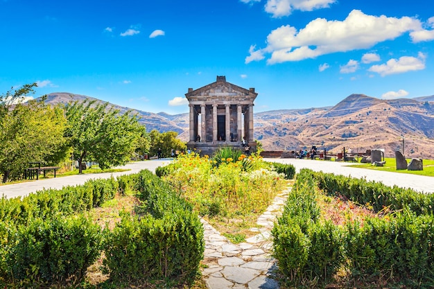 Hellenistic ancient pagan Garni temple in Armenia Sunny day