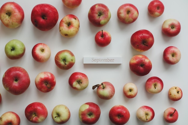 Hello autumn card with fresh red apples on white background top view