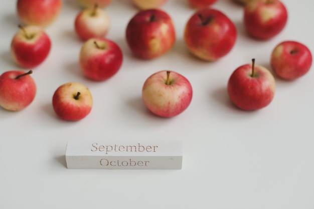 Hello autumn card with fresh red apples on white background top view