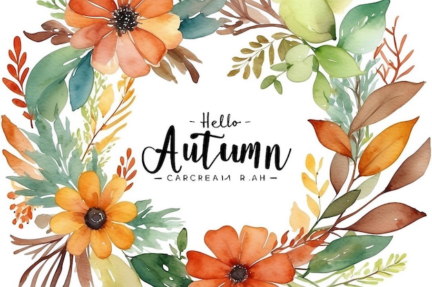 Photo hello autumn watercolor flower wreath for fall decor