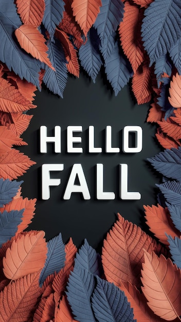 Photo hello fall vibrant autumn leaves in vivid blue and red surrounding bold text