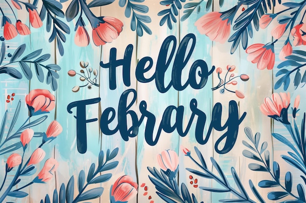 Hello February greeting with vibrant floral illustration on a blue background