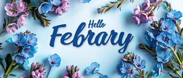 Hello February script surrounded by a lush arrangement of purple and blue flowers