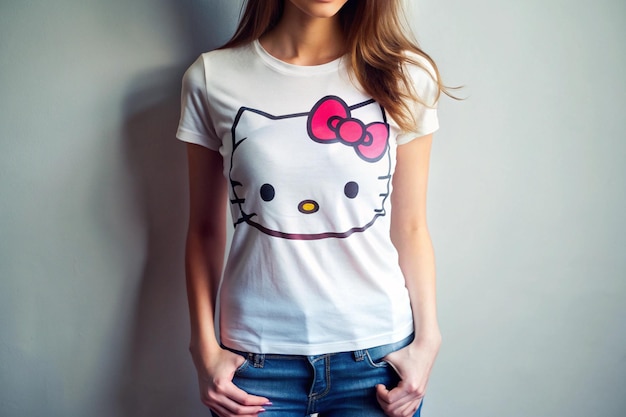 Photo hello kitty print striped tshirt with short sleeves