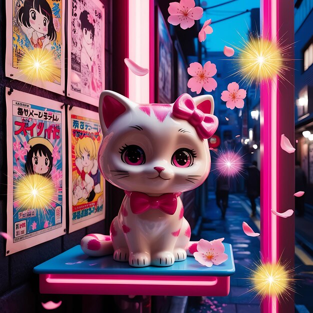 a hello kitty statue sits on a pink sign in front of a pink store