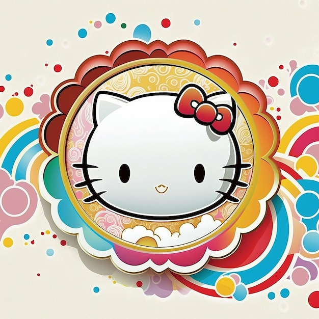 A hello kitty sticker with a circle and a hello kitty on it.