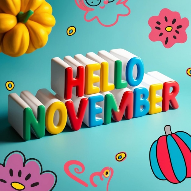 Photo hello november 3d sign on stunning doodles background concept by 3d month name