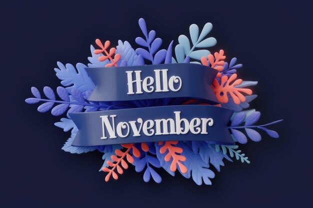 Photo hello november greeting with blue and pink leaves