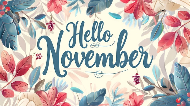 Hello november text with autumn leaves and scattered elements background