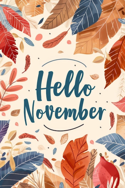 Hello november text with autumn leaves and scattered elements background