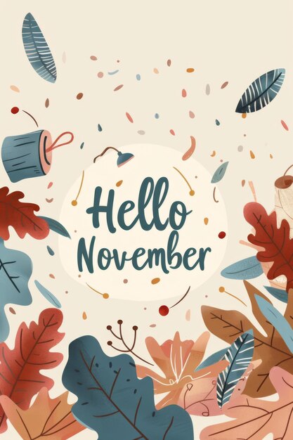 Hello november text with autumn leaves and scattered elements background