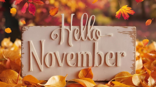 Hello November text with leaves