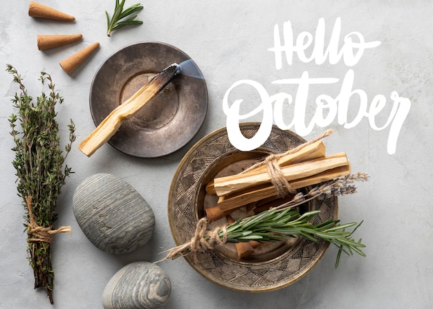 Hello october background with herbs