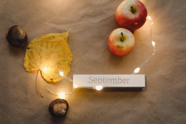 Hello september autumn card with fresh red apples on white background top view