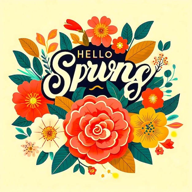 Hello spring vector greetings design spring text with colorful flower elements like camellia design