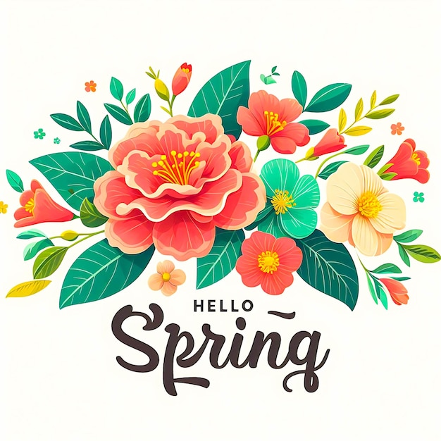 Hello spring vector greetings design spring text with colorful flower elements like camellia design