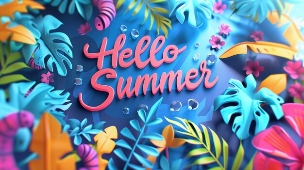 Hello Summer Text with Tropical Leaves Background