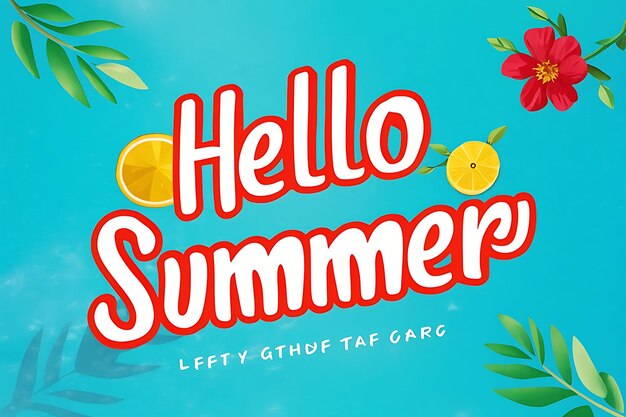 Photo hello summer typography with palm tree sun water beach flower sky leaf summer season theme